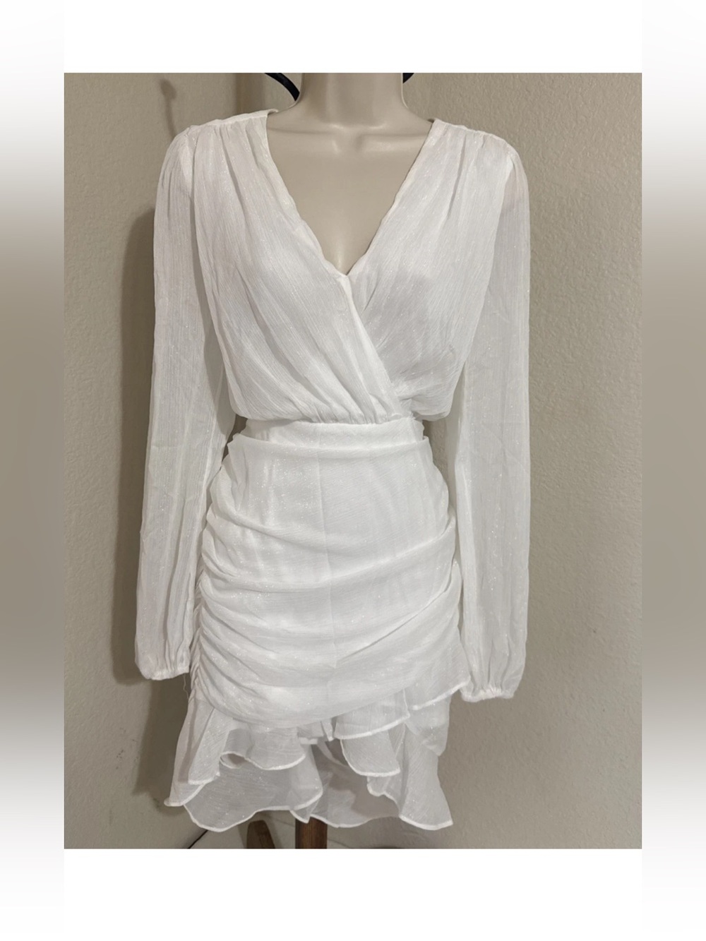 Ivory Textured Wrap Dress – V‑Neck, Long Sleeve, Ruffled Tiered Skirt